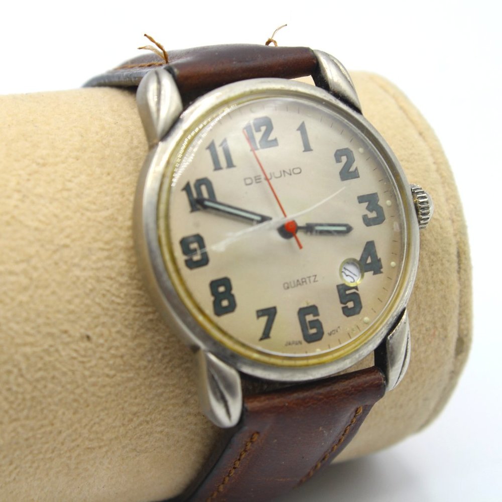 Vintage Dejuno Original Unisex Retro Classic Brown Leather Quartz Watch 1970's